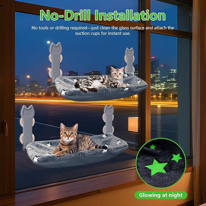 2 Pack Cat Window Perch,Cat Window Hammock Cordless Foldable Window Bed with 4 Large Strong Suction Cup,Reversible Cushion Cover,Metal Frame Easy to Adjust Window Seat Holds up to 40lbs(Star White，M