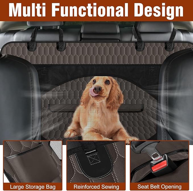 NECKORY Waterproof Dog Car Seat Cover - Scratch Proof Nonslip Back Seat Hammock with Mesh Window & Storage Pocket for SUVs/Trucks/Sedans-S, Brown/Black