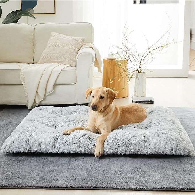 BFPETHOME Dog Bed for Large Dogs, Plush Kennel Pad for Sleeping &Ease Anxiety, Washable Mats with Anti-Slip Bottom - 53 x 36 inch, Grey
