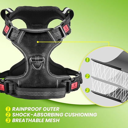 Pudiwind Black No Pull Adjustable Reflective Breathable Heavy Duty Dog Vest Harness for Medium Large Dogs with Quick Release Buckles Soft Padded Handle & Metal Front Back Clip for Walking Training, M