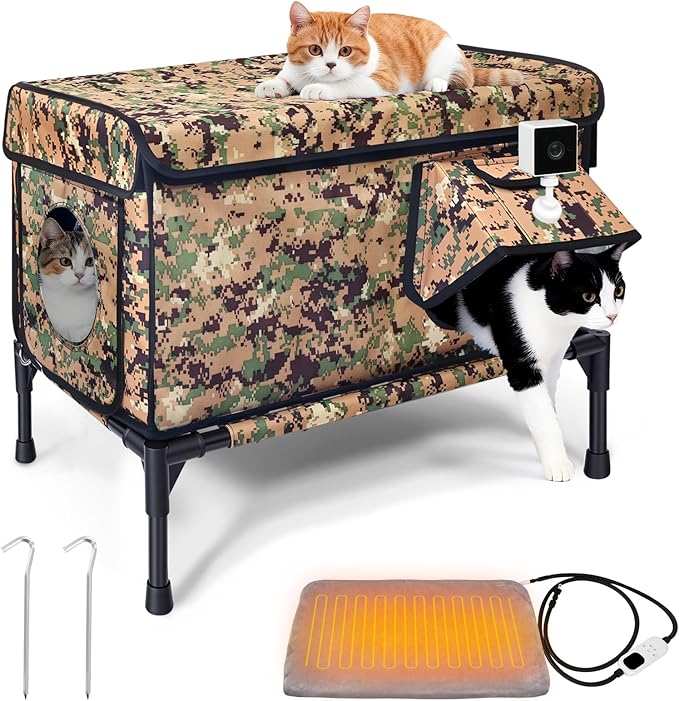 Heated Outdoor Cat House Weatherproof, Large Insulated Cat House for Indoor, Winter Stray/Feral Cat Shelter (Camouflage Cat House, Large-25.6"×16.5"×12")
