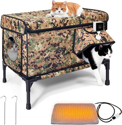 Heated Outdoor Cat House Weatherproof, Large Insulated Cat House for Indoor, Winter Stray/Feral Cat Shelter (Camouflage Cat House, Large-25.6"×16.5"×12")