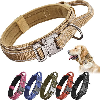 KCUCOP Tactical Dog Collar for Medium & Large Dogs - Military Nylon Heavy Duty Collar with Handle, Reflective Strip & Metal Buckle for Training, Outdoor (Brown Reflective, Medium)