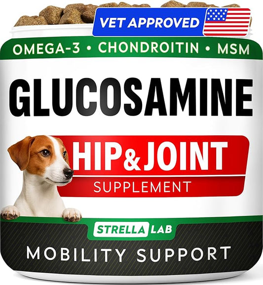 Glucosamine Treats for Dogs - Joint Supplement w/Omega-3 Fish Oil - Chondroitin, MSM - Advanced Mobility Chews - Joint Pain Relief - Hip & Joint Care - Peanut Butter Flavor - 120 Ct