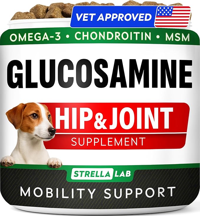 Glucosamine Treats for Dogs - Joint Supplement w/Omega-3 Fish Oil - Chondroitin, MSM - Advanced Mobility Chews - Joint Pain Relief - Hip & Joint Care - Chicken Flavor - 120 Ct - Made in USA