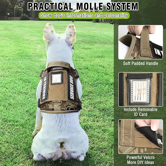 MOOGROU Tactical Dog Harness and Leash Set Medium Sized Dog,Heavy Duty No Pull Service Dog Vest and 10 Patches with Dog Seat Belt,Reflective Adjustable Pet Harness for Training Walking Hiking Camo M