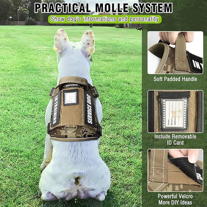MOOGROU Tactical Dog Harness and Leash Set Medium Sized Dog,Heavy Duty No Pull Service Dog Vest and 10 Patches with Dog Seat Belt,Reflective Adjustable Pet Harness for Training Walking Hiking Camo M