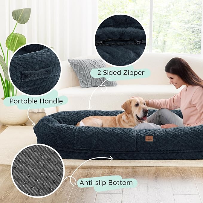 Human Dog Bed for Adult - Luxury Faux Fur Giant Size Dog Bed with Portable Handle, Egg Orthopedic Foam with Blanket, 72"x40"x10", Navy
