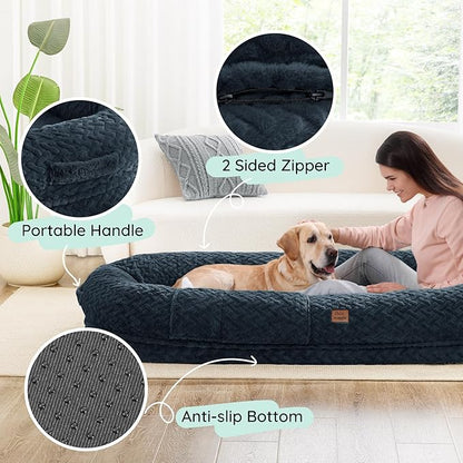 Human Dog Bed for Adult - Luxury Faux Fur Giant Size Dog Bed with Portable Handle, Egg Orthopedic Foam with Blanket, 72"x40"x10", Navy