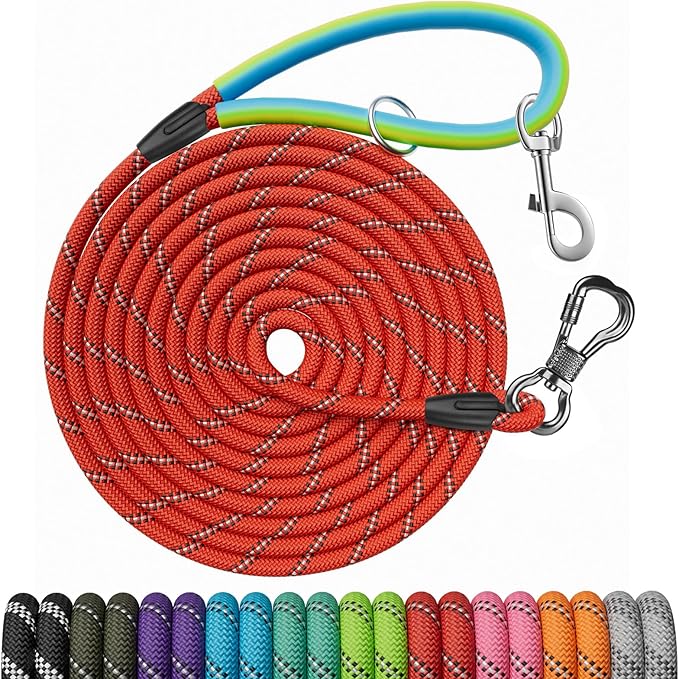 NTR 20FT Training Leash for Dogs, Nylon Rope Dog Leash with 2 Swivel Hooks and Soft Rubber Handle, Cat Puppy Leash Lead for Small Medium Large Dogs Training, Playing, Camping, or Backyard-Red