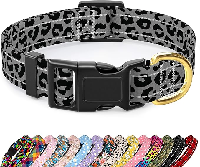 Reflective Dog Collar for Extra Small Dogs Cats, Cute Leopard Style Adjustable Heavy-Duty Nylon Puppy Collar for Boy and Girl Female, Soft Pet Accessories with Quick Release Buckle, Gray