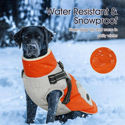 IECOii Dog Coat for Large Dogs Waterproof Dog Winter Jacket with Harness Built in, Orange - XXLarge, Thermal Warm Fleece Lined, Reflective Dogs Jackets for Cold Weather Camping, Hiking, Pitbull