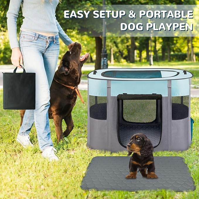 Large Dog Cat Playpen Crate with Waterproof Pad,Portable Collapsible Pet Dog Cat Kennel Cage Tent,Suitable for Indoor Outdoor Travel Camping,Water-Resistant Breathable Shade Cover (Green L)