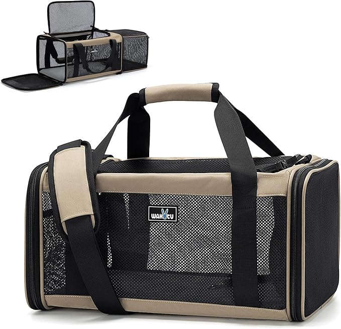 Wakytu Airline Approved Expandable Pet Carrier for Small Cats, Collapsible Travel Bag with 600D Oxford, Safety Lock Zipper,S