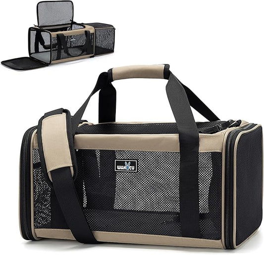 Wakytu Airline Approved Expandable Pet Carrier for Small Cats, Collapsible Travel Bag with 600D Oxford, Safety Lock Zipper,S