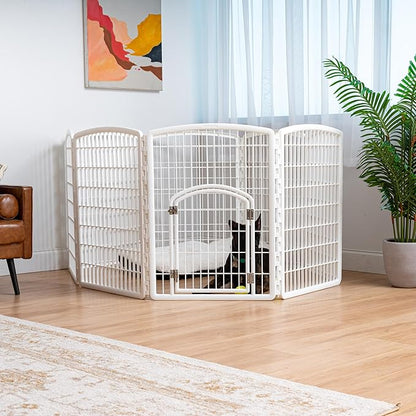 IRIS USA 34" Exercise 8-Panel Pet Playpen with Door, Dog Playpen, Puppy Playpen, Small Medium Large Dogs, Keep Pets Secure, Easy Assemble, Rust-Free, Heavy-Duty Molded Plastic, Customizable, White