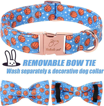 Cute Boy Dog Collar with Bow Tie - Adjustable Blue Basketball Bowtie Collar Spring-Summer Breathable Comfort Dog Collars for Small Medium Large Dogs M