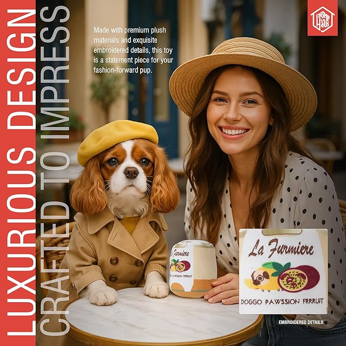 Chomp Haus La Furmiere – Luxurious Plush Dog Toy with Squeaker, Premium Fabric, Embroidered Details, Designer-Inspired Chew Toy, Fun Gift for Small to Medium Dogs & Dog Lovers