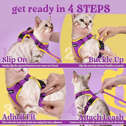 rabbitgoo Cat Harness and Leash for Walking, Escape Proof Soft Adjustable Vest Harnesses for Cats, Easy Control Breathable Reflective Strips Jacket, Purple&Yellow,S