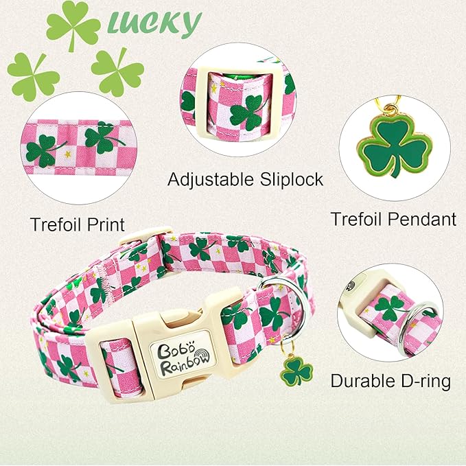 St Patrick's Day Dog Collar-Trefoil Spring Adjustable Cute Pet Collars Pink Soft Cotton Holiday Puppy Collar Geen Necklace Gift for Small Dogs