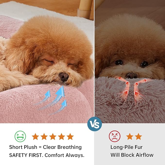 OhGeni 24 inches Calming Donut Dog & Cat Bed for Small Pets, Warming Comfort Fluffy Short Pile Fur, Durable Machine Washable, Cute Round Bed for Puppy and Kitten, Pink