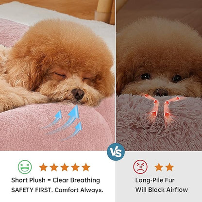 OhGeni 24 inches Calming Donut Dog & Cat Bed for Small Pets, Warming Comfort Fluffy Short Pile Fur, Durable Machine Washable, Cute Round Bed for Puppy and Kitten, Pink