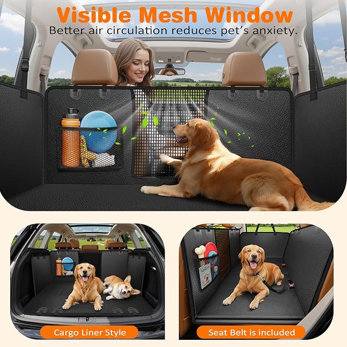 URPOWER PU Leather Backseat Extender for Dogs, Hard Bottom Dog Car Seat Cover for Back Seat, Waterproof Dog Car Hammock Anti-Scratch Pet Rear Seat Protector Travel Bed for Car and SUV