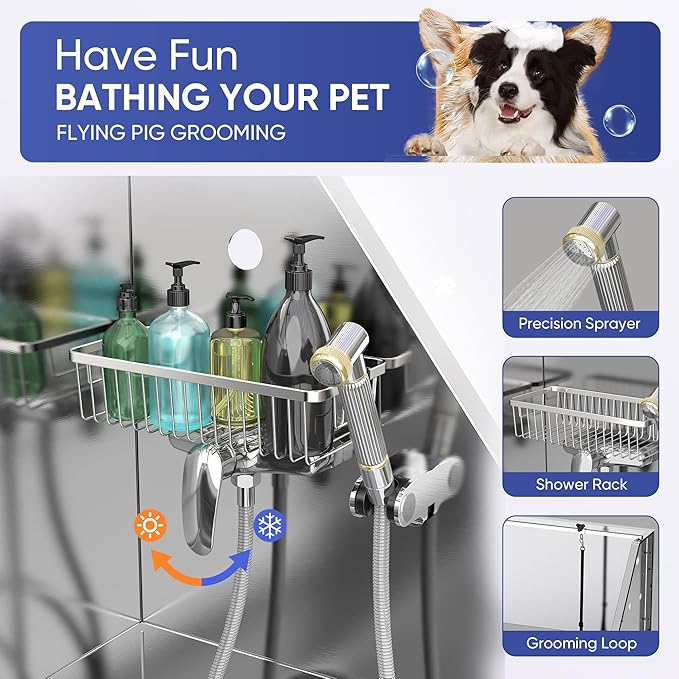Flying Pig 50" Stainless Steel Pet Dog Grooming Bath Tub with Walk-in Ramp & Accessories (Right Door/Left Drain)
