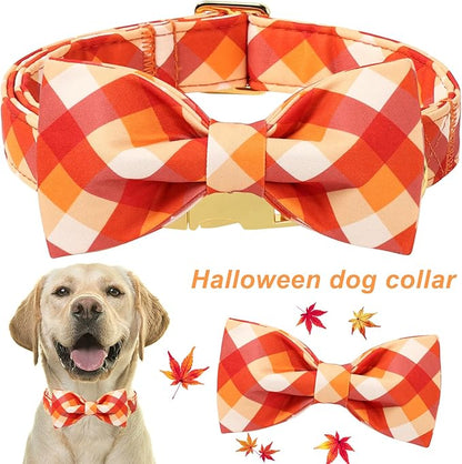 ARING PET Fall Dog Collar with Bow, Halloween Orange Grid Cute Pet Collars with Quick Release Buckle for Puppy Small Medium Large Girl Boy Dogs-XL