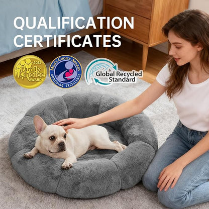 OhGeni 36 inches Calming Donut Orthopedic Dog & Cat Bed for Large Pets, Warming Comfort Fluffy Short Pile Fur, Durable Waterproof Machine Washable Removable Cover, Cute Round Bed for Puppy, Dark Gray