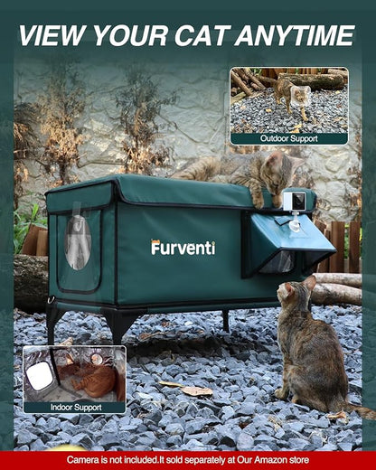Heated Cat House for Outside,Dual Camera Mounts,100% Weatherproof & Extremely Insulated,Elevated Feral Cat Shelter with Escape Door,Waterproof Eaves for Outdoor Stray Barn Cat(Dark Green,M)
