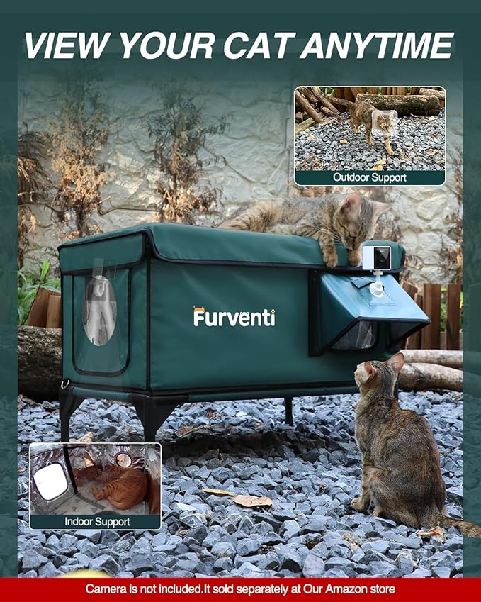 Heated Cat House for Outside,Dual Camera Mounts,100% Weatherproof & Extremely Insulated,Elevated Feral Cat Shelter with Escape Door,Waterproof Eaves for Outdoor Stray Barn Cat(Dark Green,L)