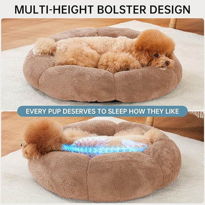OhGeni 24 inches Calming Donut Dog & Cat Bed for Small Pets, Warming Comfort Fluffy Short Pile Fur, Durable Machine Washable, Cute Round Bed for Puppy and Kitten, Camel