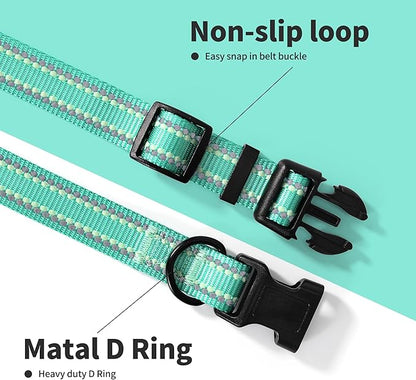 Mile High Life Reflective Dog Collar, Basic Dog Collars Adjustable Quick Release, Soft Nylon Pet Collar with Metal D-Ring for Small Medium Large Dogs (Green, M Neck13-17")