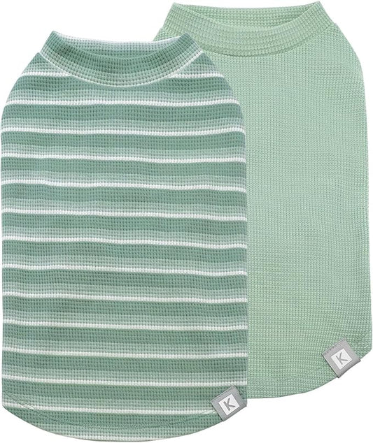 KYEESE 2Pack Waffle Dog Shirts for Small Dogs Stretchy Dog T-Shirts Lightweight Pet Tank Top Sleeveless Striped Pet Shirt Vest Breathable Cat Shirt, Small, Green+Striped
