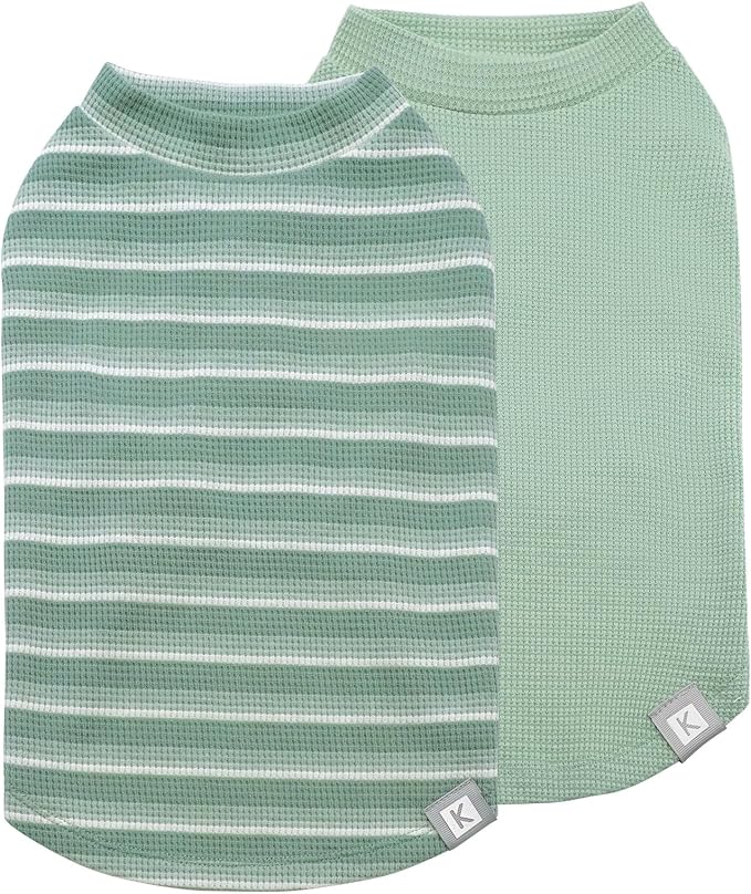 KYEESE 2Pack Waffle Dog Shirts for Small Dogs Stretchy T-Shirts Lightweight Tank Top Sleeveless Striped Vest Breathable Pet Tee, X-Large, Green+Striped