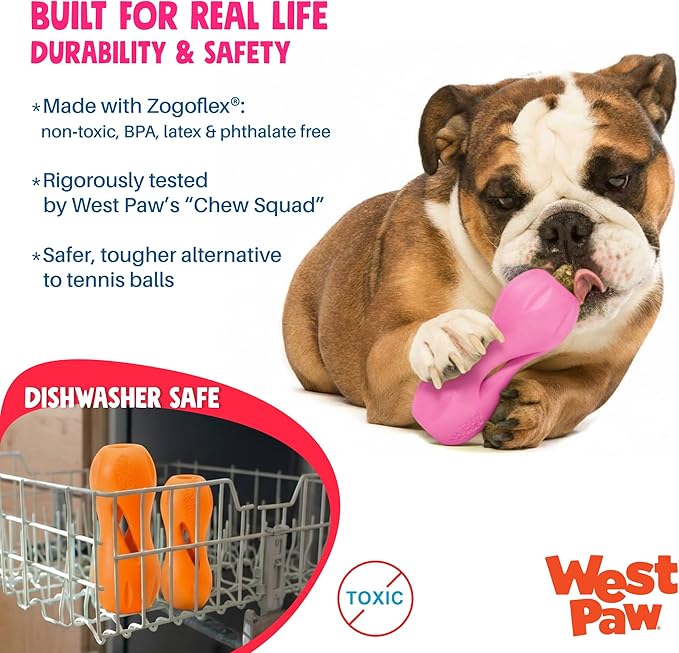 WEST PAW Zogoflex Qwizl Dog Puzzle Treat Toy – Interactive Chewing for Dogs – Dispenses Pet Treats – Brightly-Colored Dog Enrichment Toy for Aggressive Chewers, Fetch, Catch, Large 6.5", Bubblegum