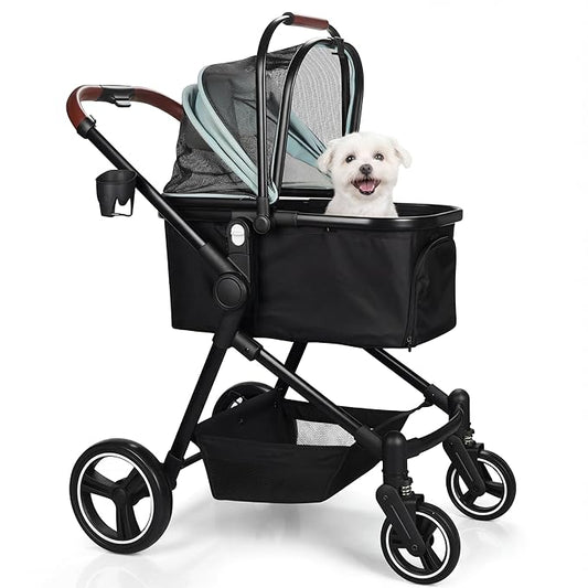 Foldable Dog Stroller, 3 in 1 Pet Stroller for Small Medium Dog Cat up to 50lbs, Detachble Portable Pet Bag, Storage Basket and One-Button Folding Frame
