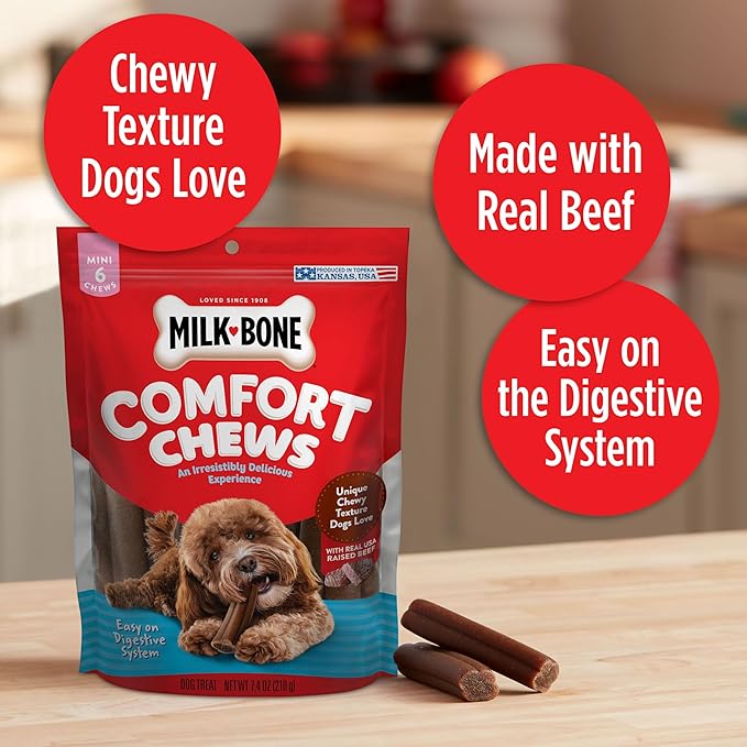 Milk-Bone Mini Comfort Chews, Rawhide Free Dog Treats with Unique Chewy Texture and Real Beef, 6 Mini Chews (Pack of 5)