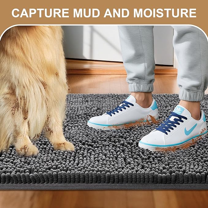 Amyracel Absorbent Dog Door Mat for Muddy Paws, 60" x 24" Non Slip Washable Door Mat Indoor Entrance, Quick Dry Chenille Pet Entry Rugs for Entryway Indoor, Grey