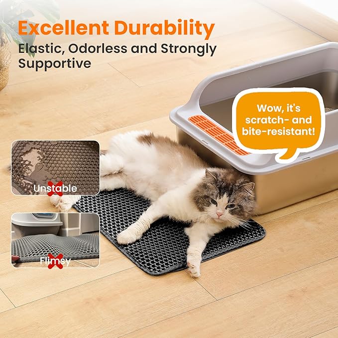 Petinstinct Small Cat Litter Mat, 20x14’’ Double Layer Honeycomb Cat Litter Box Mat, Non Slip Waterproof Urine Proof Litter Trapping Mat for Floor, Kitty Litter Pad, Indoor Pet Supplies, Black