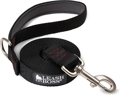 Leash Boss 10 Foot Dog Leash with Padded Handle - Long Leash for Hiking, Camping, Exploring, or Walking (10 Feet, Black/Red/Grey)