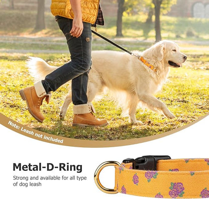 Cotton Handmade Dog Collar Cute and Distinctive Patterns Yellow Rose with Pendant for Girl Boy Dogs Collars M