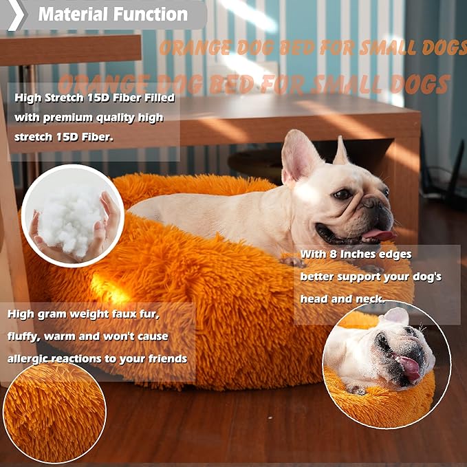 Calming Donut Dogs Beds for Small Dogs Washable,23inch Plush Round Pet Bed for Cozy Sleep,Fluffy Faux Fur Large Cat Bed,Fits up to 25 lbs Pets,Orange