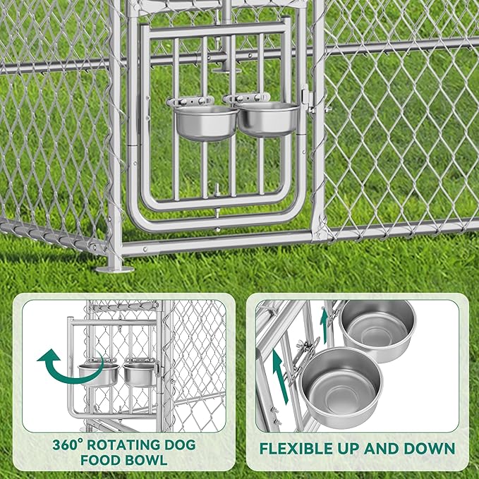 YITAHOME Outdoor Dog Kennel with Rotating Feeder Bowls & UV-Resistant Waterproof Cover, 14.8×14.8×7.9FT Outside Dog Enclosure for Yard, Heavy Duty Dogs Cage for Medium Large Dogs