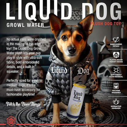 Chomp Haus Liquid Dog Growl Water – Luxurious Plush Dog Toy with Squeaker, Premium Fabric, Embroidered Details, Designer-Inspired Chew Toy, Fun Gift for Small to Medium Dogs & Dog Lovers
