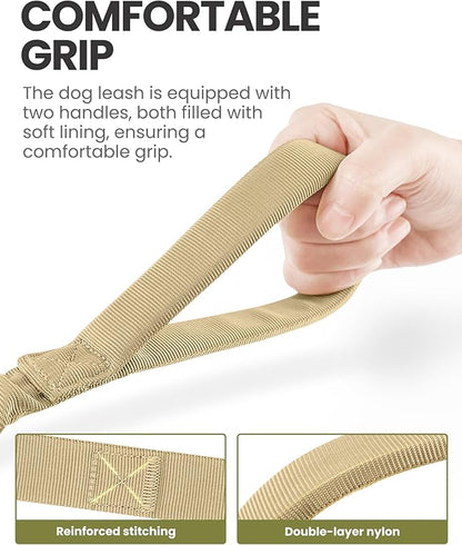 OutdoorMaster Bungee Dog Leash, Heavy Duty Dog Leash with Shock Absorption, 2 Padded Handles Training Leash, Improved Dog Safety and Comfort - Khaki Upgraded, 4 FT