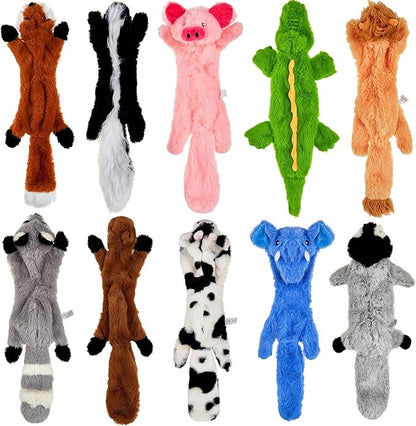 Syhood 10 Pack Dog Squeaky Toys No Stuffing Plush Chew Toy Animals Crinkle Dog Squeaky Toys Durable Stuffingless Puppy Teething Chew Toy with Squirrel Raccoon Skunk for Small Medium Large Breed Chewer