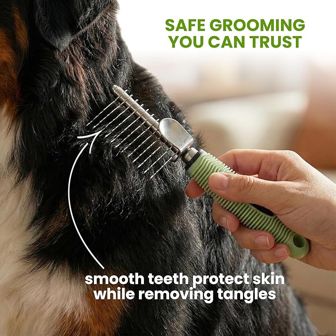 Poodle Dematting Fur Rake Comb Brush for Dogs and Cats - Long 2.5" Steel Safety Blades Metal Comb for Detangling Matted or Knotted Undercoat Hair (Green)