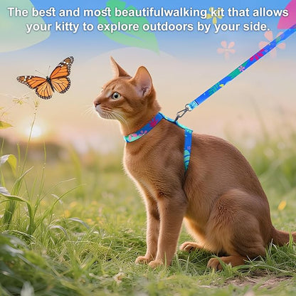 Kaazylab Cat Harness and Leash Set with Matching Collar – Escape Proof Harness for Cats, Adjustable & Lightweight, Tropical Hawaiian Leaf Print, Easy Wear for Outdoor Walking & Training